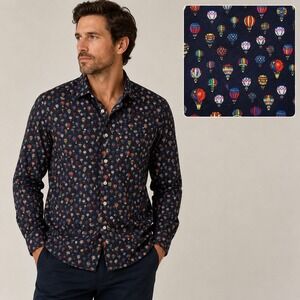 John Henric Mens Hot Air Balloon Print Button Down Shirt Navy Blue 15.75 40 L